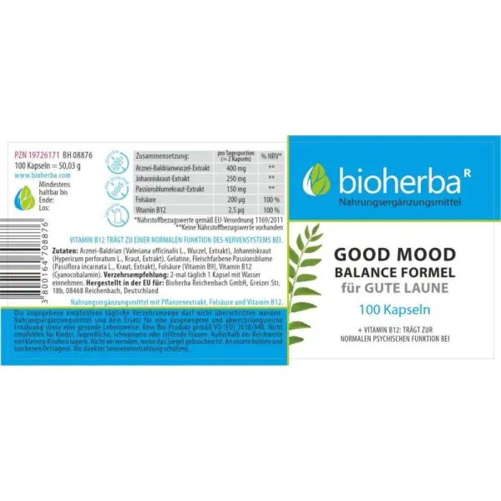 Good Mood Balance – капсулы для поддержания настроения и психического равновесия с экстрактами валерианы, зверобоя, пассифлоры, фолиевой кислотой и витамином B12.