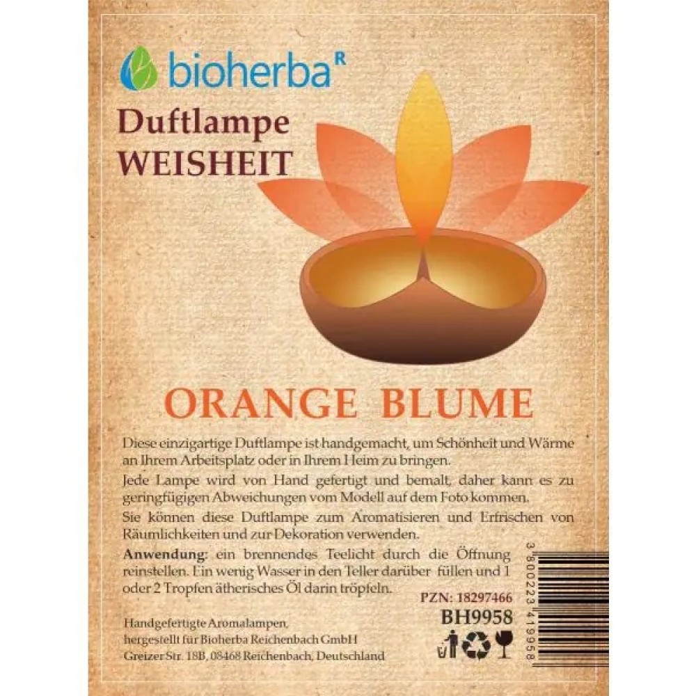 Аромалампа Orange Blume Weisheit ручной работы подходит для использования с эфирными маслами и чайной свечой. Украшает интерьер, помогает создать уют и приятную атмосферу дома.