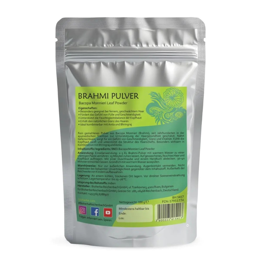 Натуральный порошок Брахми из Bacopa monnieri для ухода за волосами и кожей головы. Подходит для масок, помогает сохранить мягкость, блеск и ощущение густоты волос.