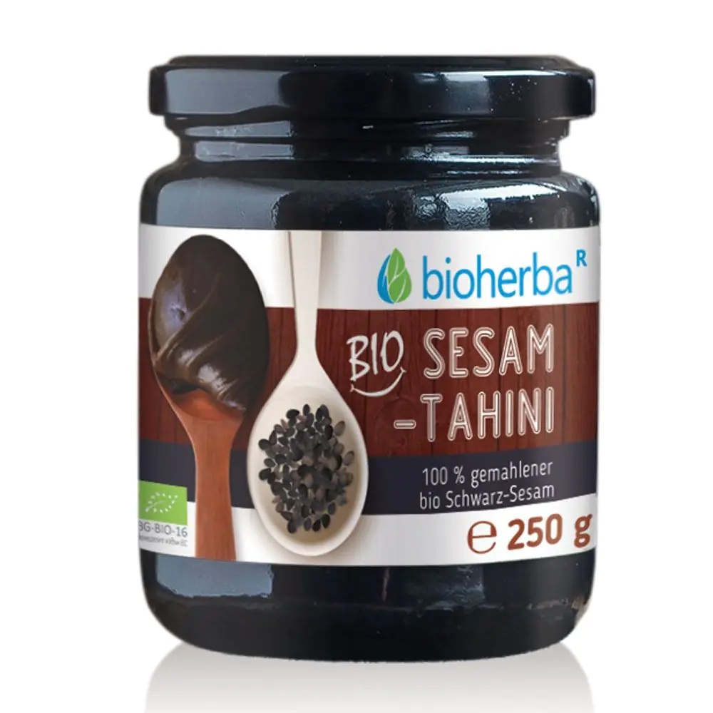 Био тахини из 100% молотого черного кунжута с насыщенным ореховым вкусом для приготовления соусов, намазок, десертов и различных блюд.