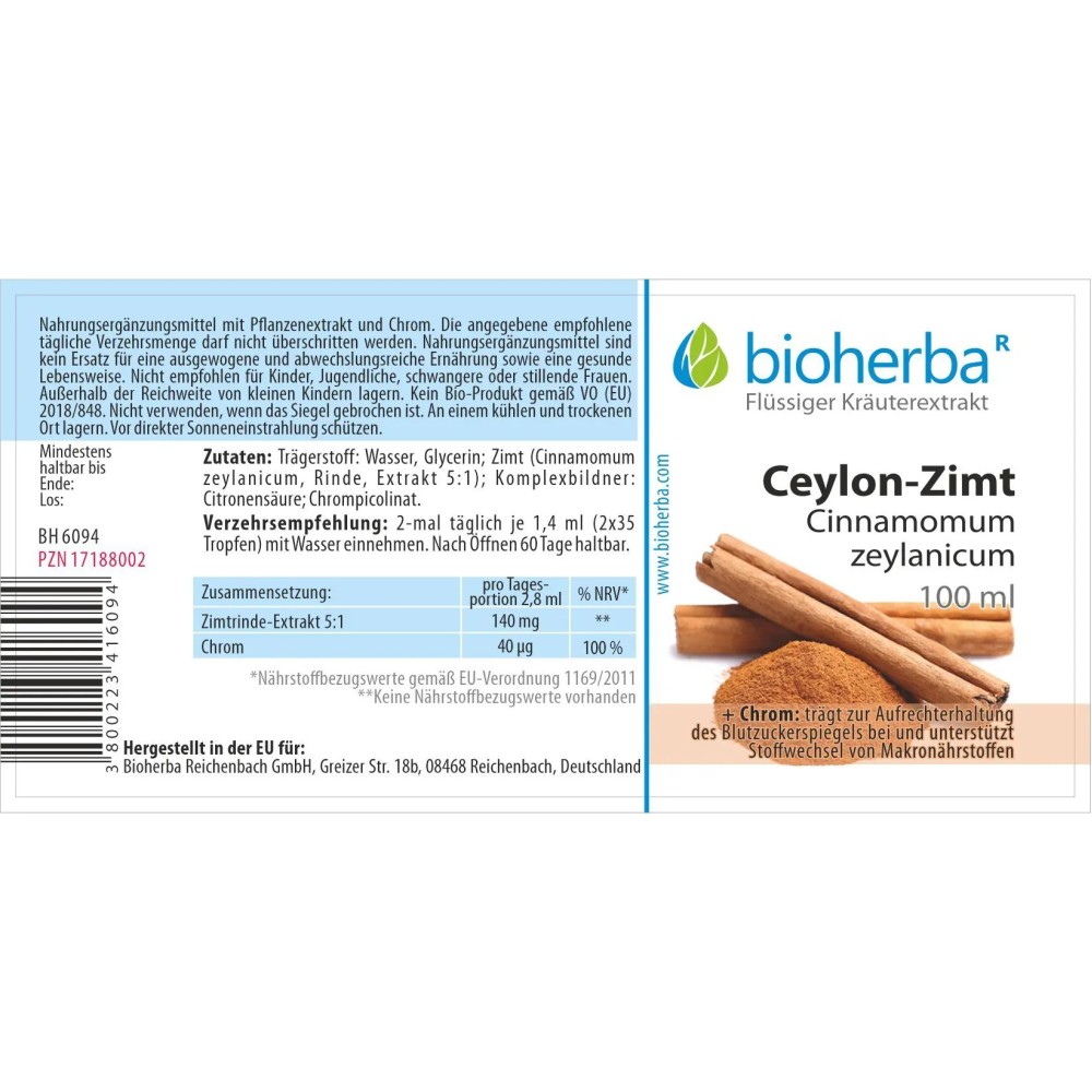 Капли цейлонской корицы с экстрактом коры Cinnamomum zeylanicum и хромом в форме пиколината для поддержки нормального уровня сахара и обмена веществ.