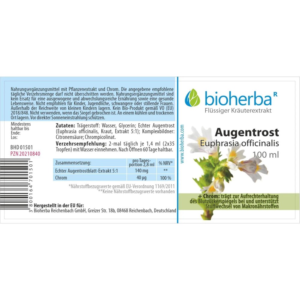 Настойка очанки Euphrasia officinalis с хромом без алкоголя для ежедневного применения. Жидкая форма с растительным экстрактом и удобной дозировкой в каплях.