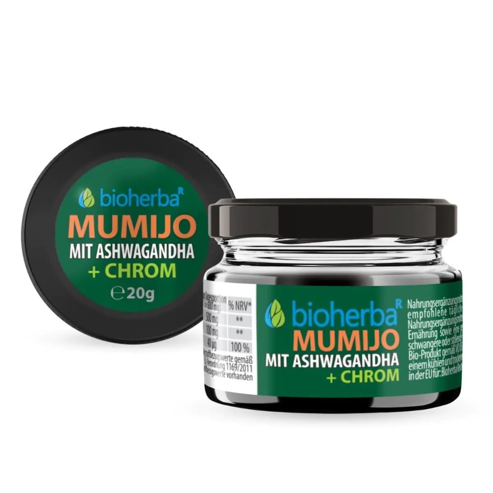 Порошок мумие Shilajit с экстрактом ашваганды и хромом для ежедневного применения, удобного растворения в воде и дополнения современного рациона питания.