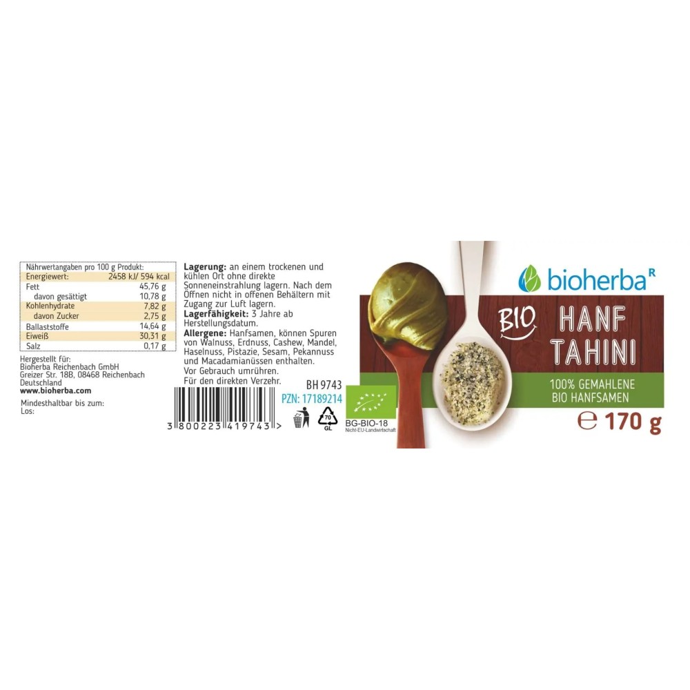 Био тахини из 100% молотых семян конопли с насыщенным ореховым вкусом и кремовой текстурой для намазок, соусов, смузи и ежедневного использования на кухне.