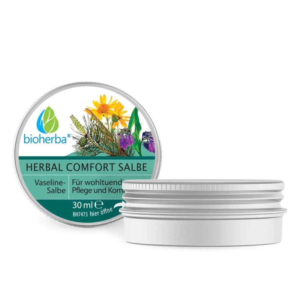 Herbal Comfort Salbe – Вазелиновая крем-смесь с арникой и окопником, обогащенная экстрактами трав и эфирным маслом эвкалипта, для массажа спины, рук, ног и ухода за раздраженной кожей.