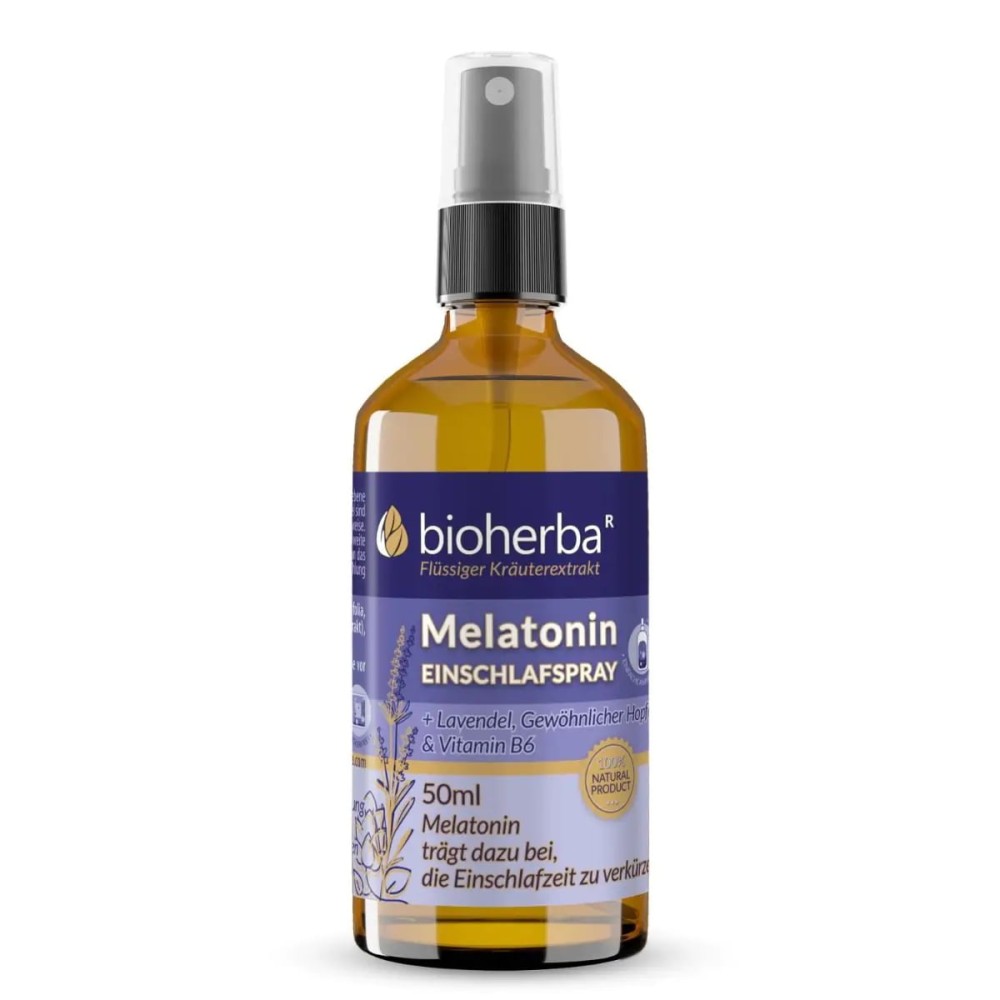 Melatonin Einschlafspray с лавандой, хмелем и витамином B6 для быстрого засыпания, поддерживает нервную систему, удобная спрей-форма 50 мл для точного дозирования перед сном.