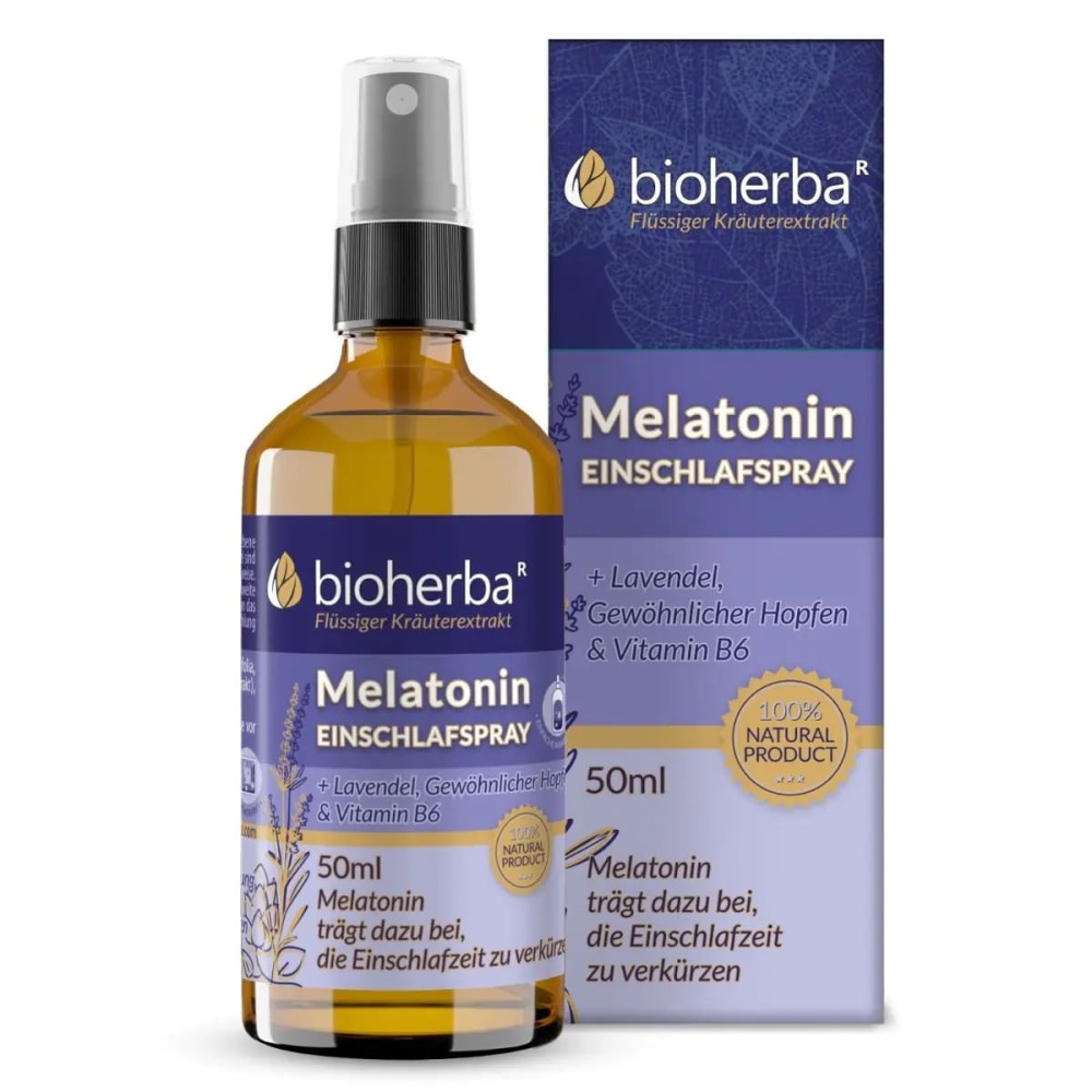 Melatonin Einschlafspray с лавандой, хмелем и витамином B6 для быстрого засыпания, поддерживает нервную систему, удобная спрей-форма 50 мл для точного дозирования перед сном.