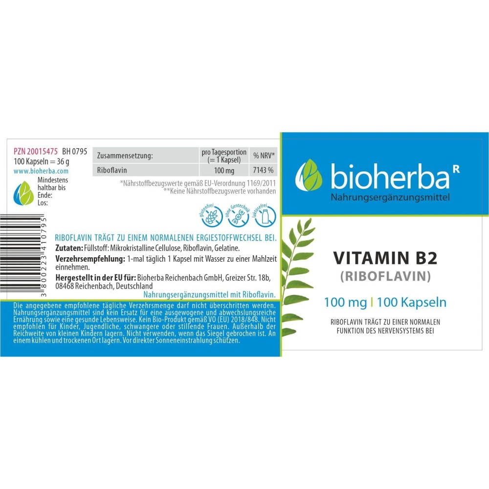 Vitamin B2 (Riboflavin) 100 mg в капсулах поддерживает нервную систему и нормальный энергетический обмен, обеспечивает удобное ежедневное использование для полноценной диеты.