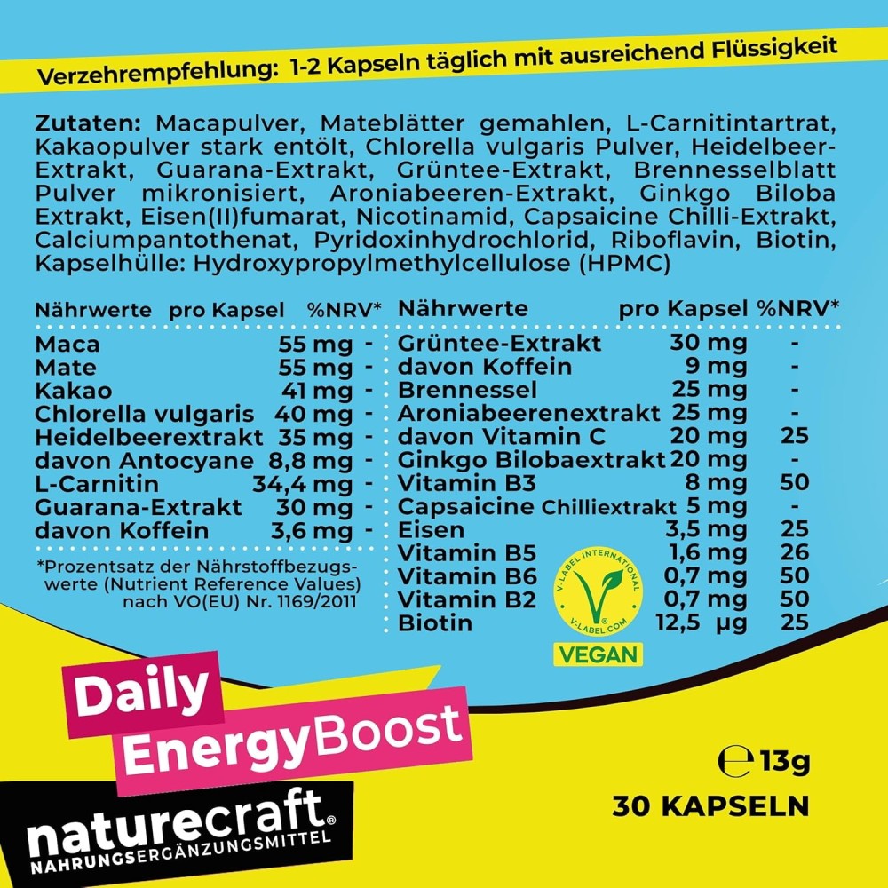 Комплекс с 18 активными компонентами, включая кофеин, маку, мате, гуарану, зелёный чай, витамины и растительные экстракты. Поддерживает бодрость, концентрацию и активный ритм дня.
