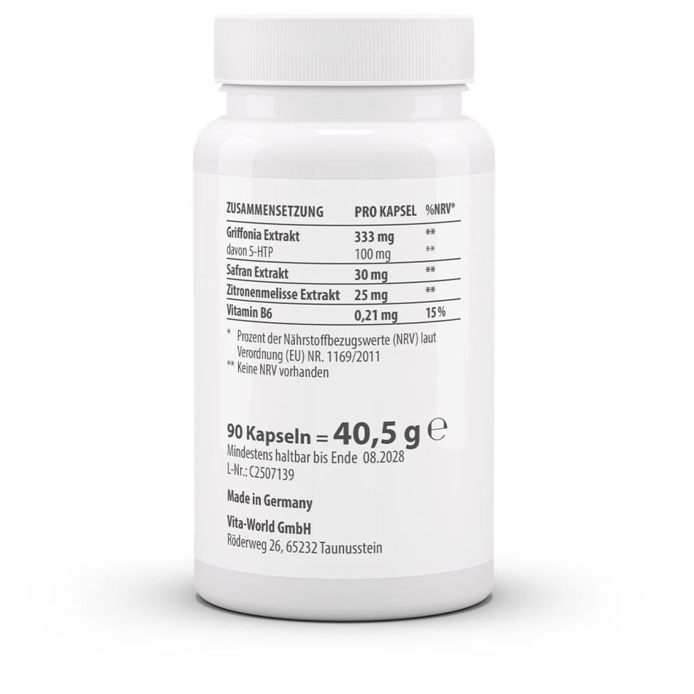 Капсулы с Griffonia 5-HTP, шафраном и мелиссой содержат витамины B6 для поддержки нервной системы, психики и энергии. Натуральная растительная комбинация для спокойствия и внутренней гармонии.