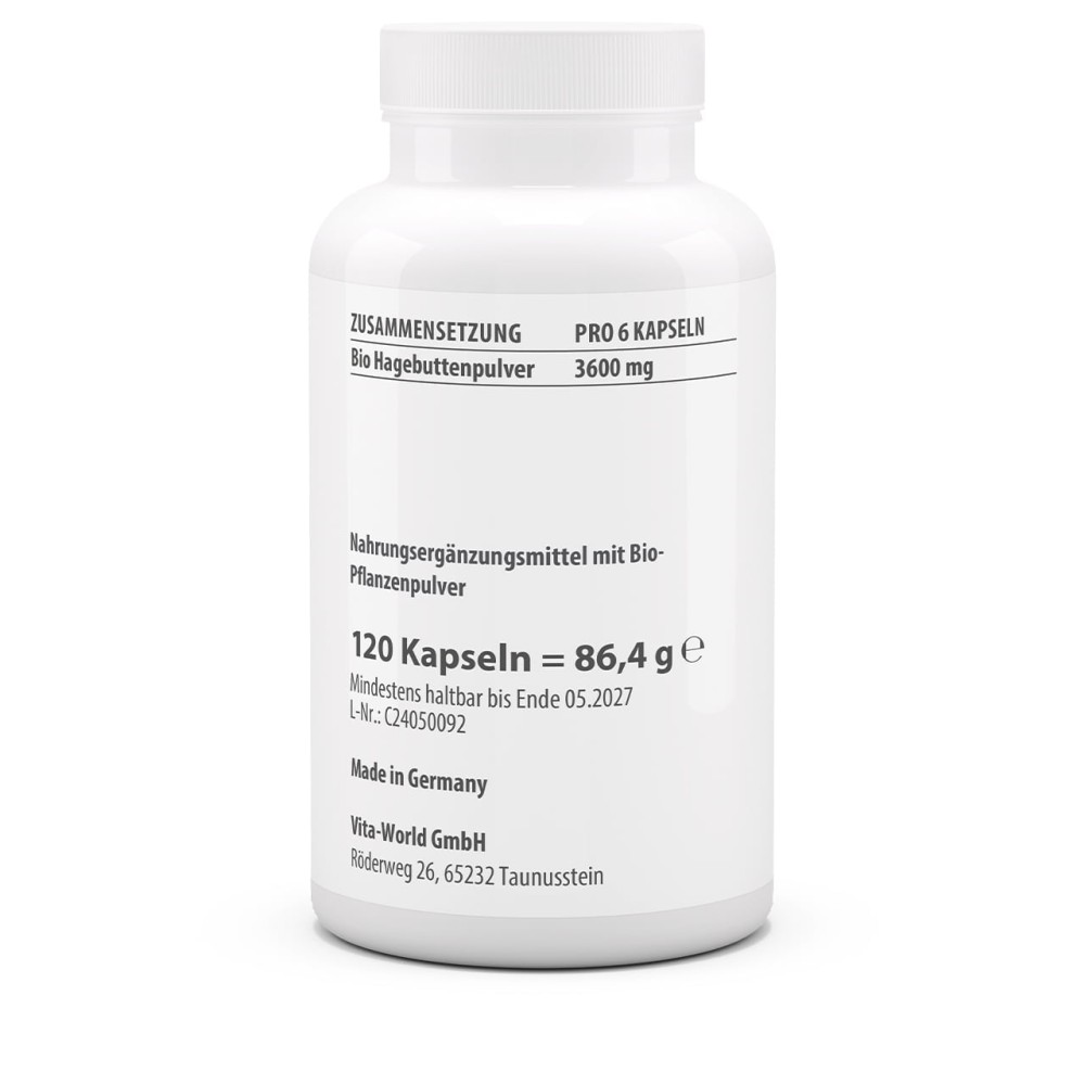 Hagebutte 600 mg Био содержит 100% чистый порошок плодов шиповника из контролируемого био-выращивания. Капсулы поддерживают иммунитет, обогащают организм витаминами и антиоксидантами.