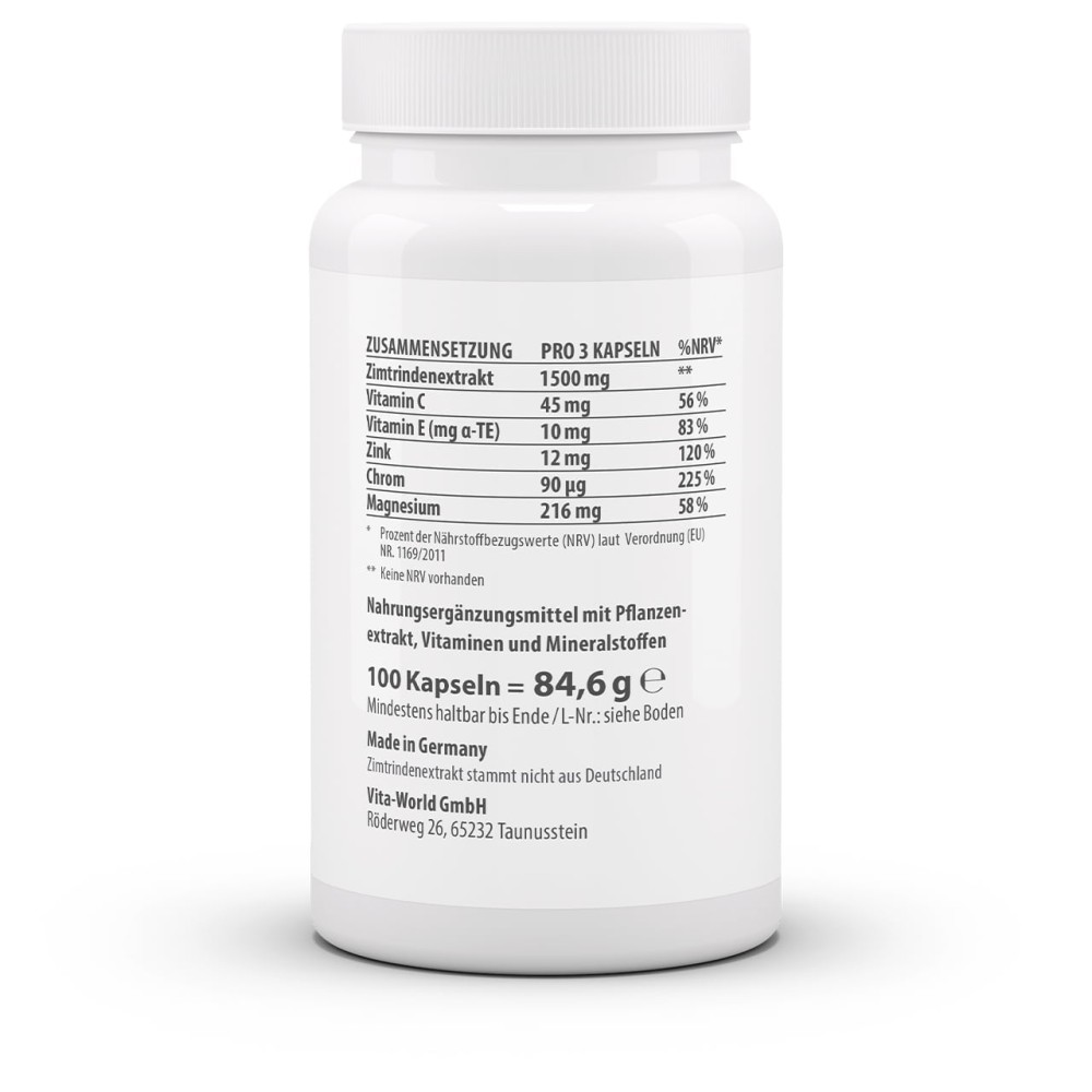 Капсулы с цейлонской корицей содержат 1500 мг корицы в суточной дозировке, а также хром, магний, цинк и витамины. Поддерживают энергетический обмен и нормальный уровень сахара.